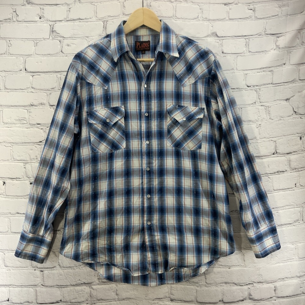 Plains Western Wear Mens Shirt Pearl Snap Szβ M Medium Blue Plaid